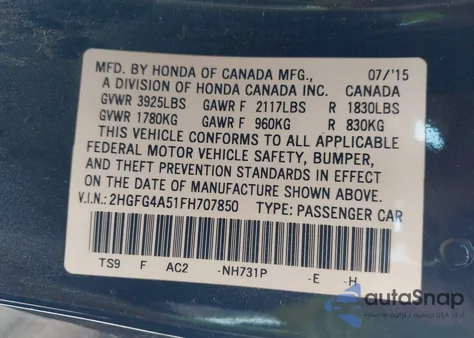 2015 Honda Civic Si z USA, uszkodzony, nr VIN 2HGFG4A51FH707850